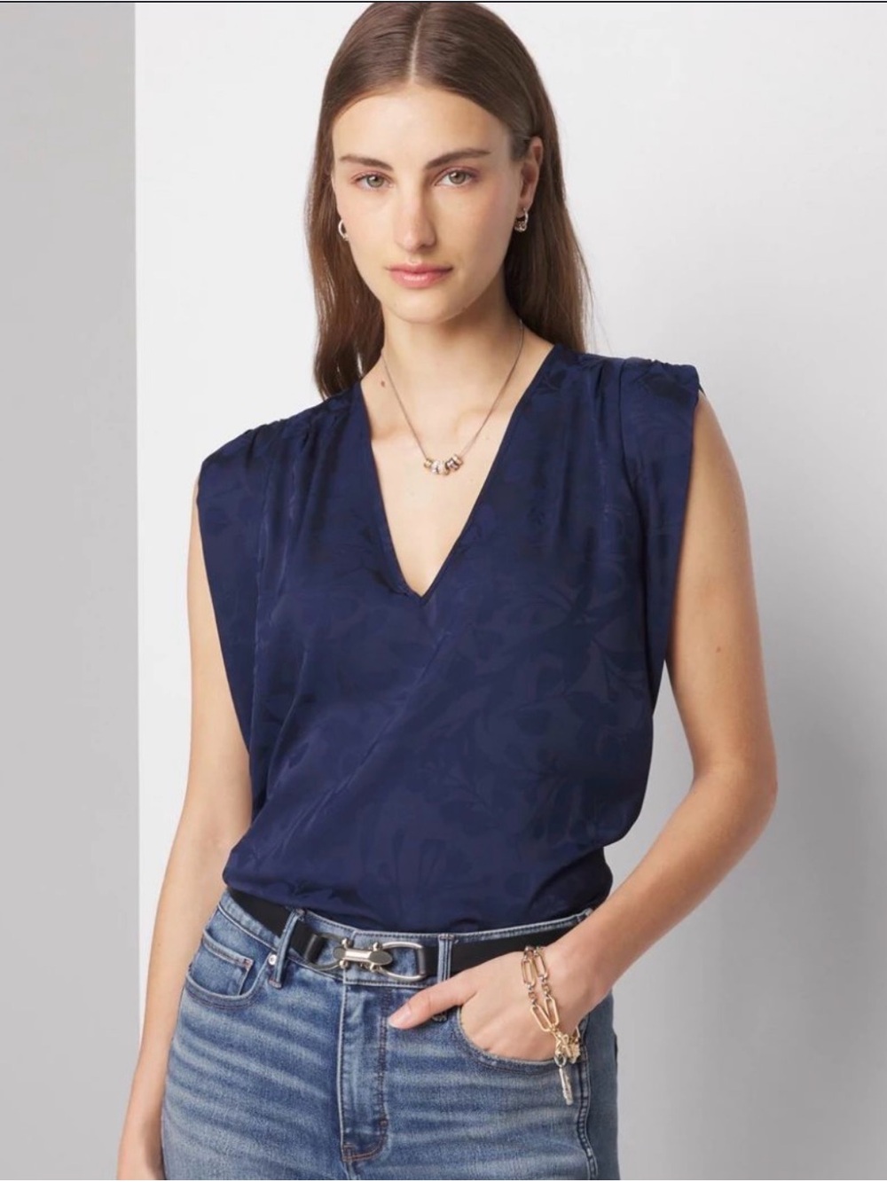 White House Black Market V-Neck Satin Tank Top - Navy Medium